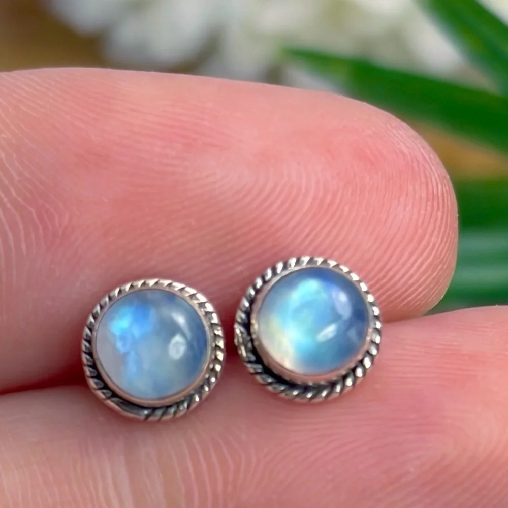 Pure Sterling Silver 925 Blue Rainbow Moonstone Stud Earrings Boho Southwest New - Picture 2 of 8